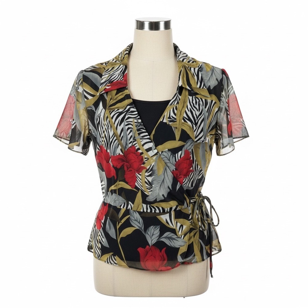 John Roberts Blouse Size 10 Tropical Zebra Wrap Top Resortwear Vintage 90s Y2K